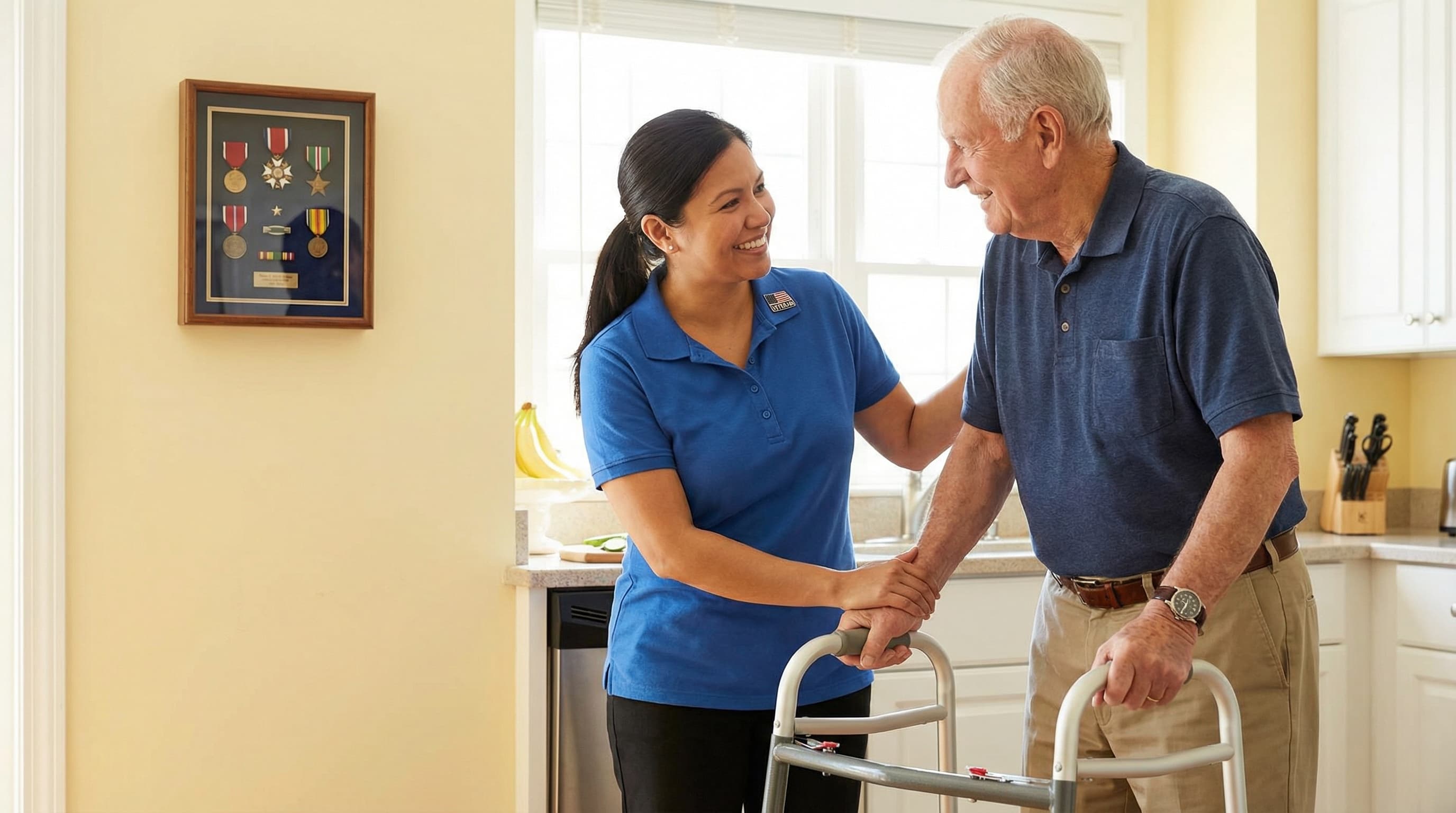Veteran-friendly caregiver assisting elderly military veteran with home care services